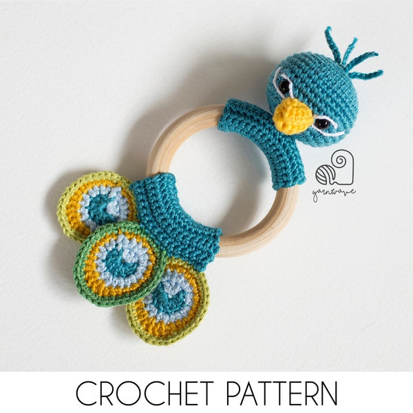 CROCHET PATTERN Patrick the Peacock crochet amigurumi rattle teether ring / Handmade baby shower newborn gift