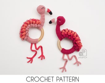 CROCHET PATTERN Finn the Flamingo crochet amigurumi bird rattle teether ring / Handmade baby shower newborn gift