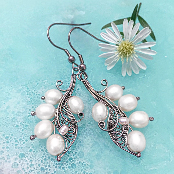 Lilly Flower Earrings, Steel Filigree Jewelry, White Pearl Earrings,Fine Art Jewelry,Nature Inspired Jewelry,Leaf Earrings, Easter Gift