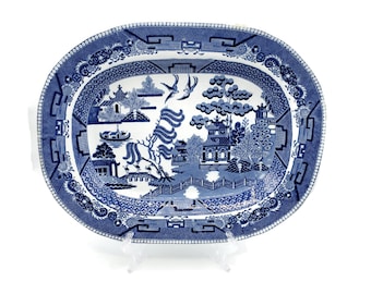 LARGE Antique Blue Willow China Porcelain Food Warmer Plate c.1891