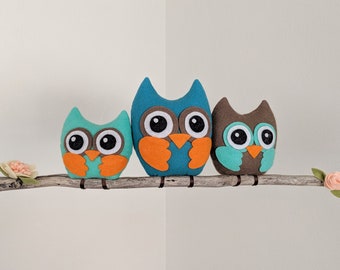 Owl Family Mobile - Blue, Orange, and Brown Owls on Branch with Felt Flowers and Leaves