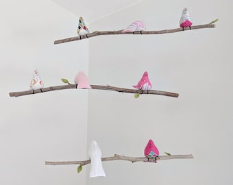 Bird Mobile - 8 Little Birds on 3 real branches - Pink and White - Nursery Decor - green leaves and brown feet - MADE TO ORDER