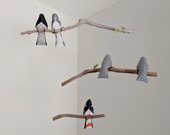 Bird Mobile - 5 Birds on 3 Tier Mobile - Gray, Blue, White, Orange & Black Birds on Branches with Brown Feet and Leaves