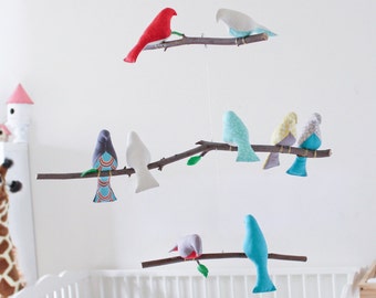 Custom Bird Mobile - Choose your colors - Baby Crib Mobile - Bird Nursery Decor- Birds on a Branch Mobile