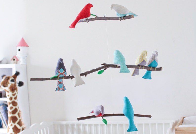 Custom Bird Mobile Choose your colors Baby Crib Mobile Bird Nursery Decor Birds on a Branch Mobile image 1