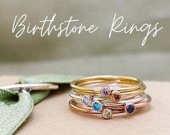 TINY Gold, Silver, Rose Gold Stackable Birthstone Ring - 2mm Gold Filled or Sterling Silver Layering Rings Women Dainty Personalized Gift