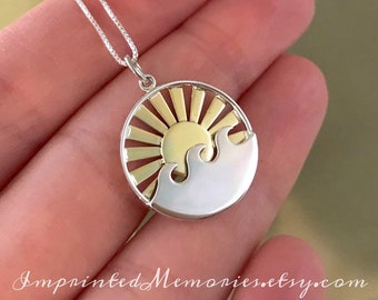 Bronze Sun Necklace Sterling Silver Wave Ocean Sunset - Ocean Lover Beach Lover Gift Sun and Sea - Go where you feel most Alive