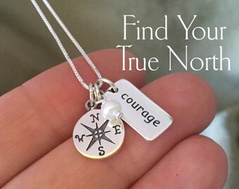 SALE - Find Your True North Necklace - TINY Compass Necklace Sterling Silver Pearl Courage Charm Greatest Self Courageously Gift for Her