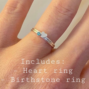 Sterling Silver Stacking Rings - TINY 2mm Birthstone with Heart Ring  - New Mom Kid Birthstone - Miscarriage - Push Present - Birthday Gift