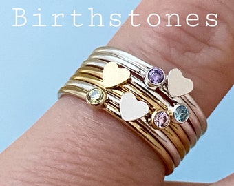 TINY Silver, Gold or Rose Gold Stacking Birthstone Ring - 2mm Gold Filled or Sterling Silver - Gift for New Mom Kids Memorial Sisters Family