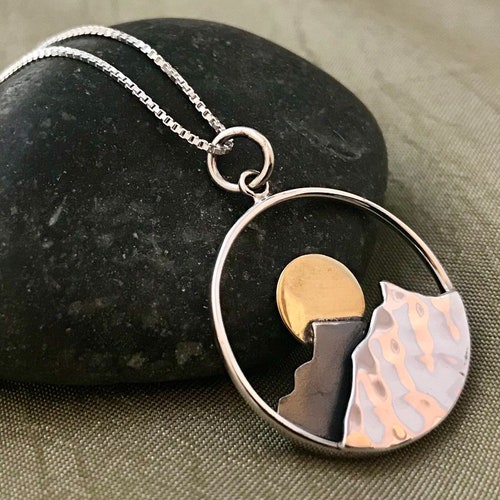 Mountain Necklace Sterling Silver Bronze Sun Necklace - Gift for Outdoorsy Girl Nature Lover Gift World Traveler Gift Adventure Jewelry