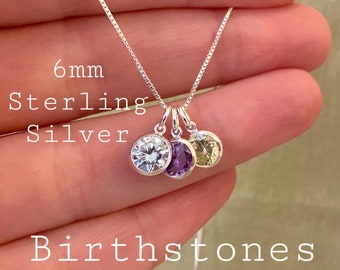 Gorgeous Solid Sterling Silver Birthstone Necklace 6mm - Personalized Gift for Mom Gift for Wife Grandma from Kids Children's Birthstones