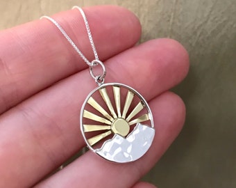 Sunrise Sunset Mountain Necklace - Bronze Sun Necklace Silver Mountain Jewelry - Traveler Gift Camping Hiking Climb Nature Adventure Lover