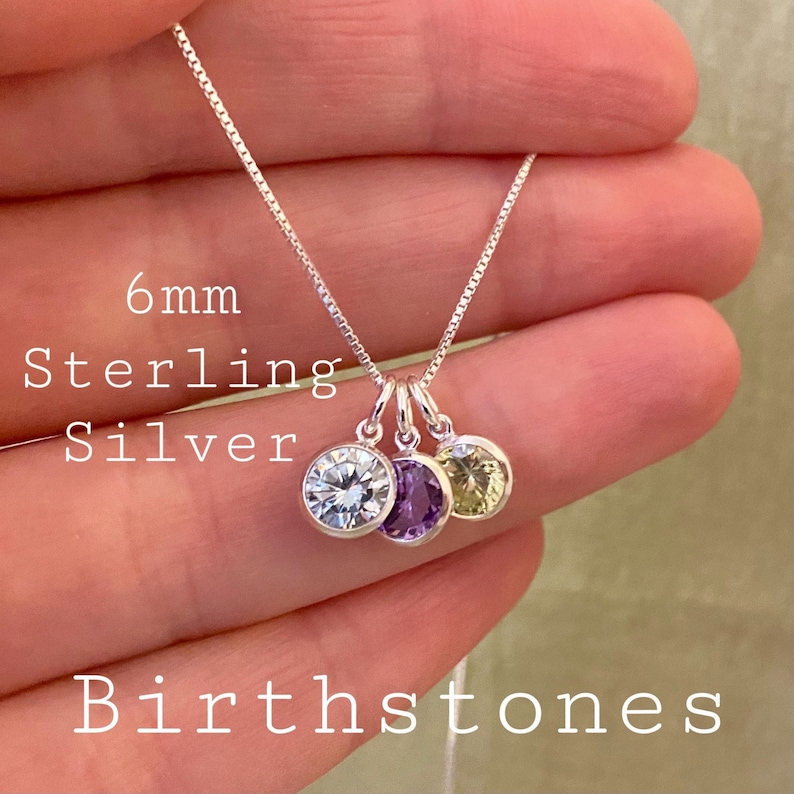 Gorgeous Solid Sterling Silver Birthstone Necklace 6mm Personalized Gift for Mom Gift for Wife Grandma from Kids Children's Birthstones image 1