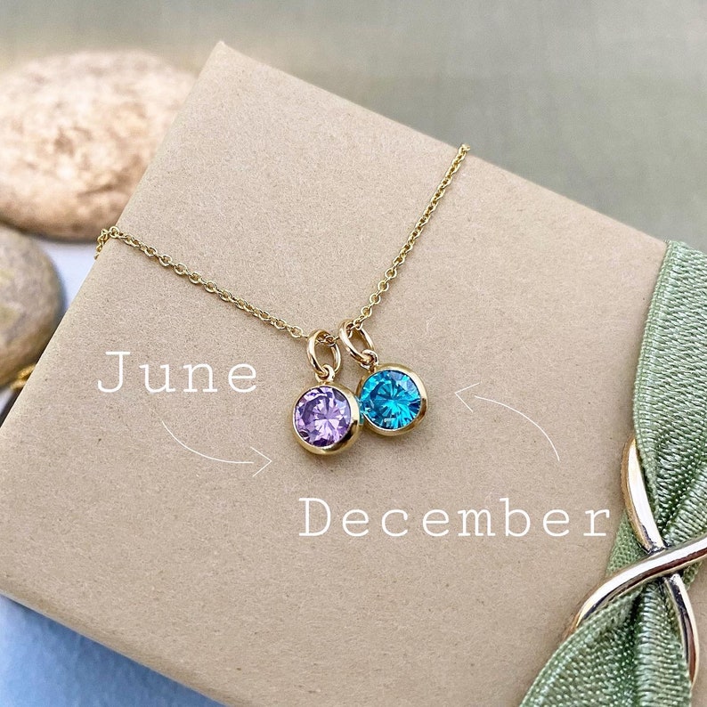 June and December Birthstones shown in gold version of this necklace.