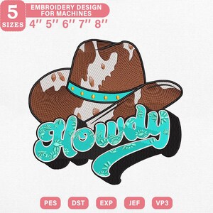 Cowboy Hat Howdy Embroidery Design, Western Style Turquoise Howdy Text Art Machine Embroidery File, Instant Download Dst Pes Exp Jef Vp3