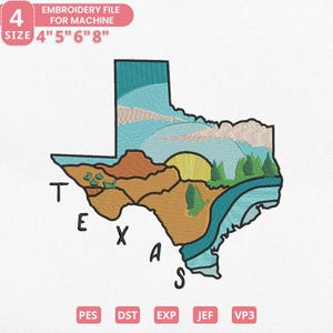 Texas Landscape Embroidery Design, State Outline with Scenic Nature Machine Embroidery File, 4 Sizes, Instant Download Dst Pes Jef Exp Vp3