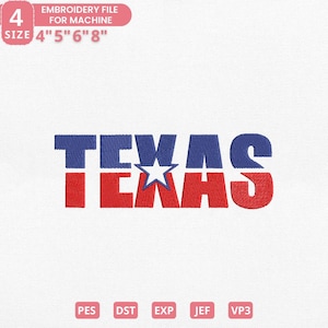 Texas Bold Text Embroidery Design, Texas with Lone Star Machine Embroidery File, 4 Sizes, Instant Download Dst Pes Jef Exp Vp3