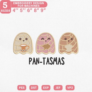 May include: Embroidery design for machines featuring three cartoon-style Pan-Tasmas in shades of brown and pink. The design includes the text "PAN-TASMAS" and is available in 5 sizes: 4", 5", 6", 8", and 9".