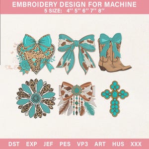 May include: Embroidery designs for machine use. The designs include a turquoise bow, a heart with the word "Mama", a cowboy boot, a sunflower, a bow with feathers, and a cross. The designs are available in 5 sizes: 4", 5", 6", 7", and 8".