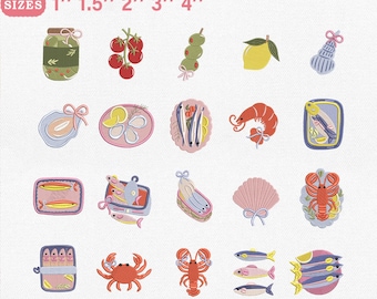 Tinned Fish Seafood Mini Machine Pattern Bundle, Coastal Kitchen Art, Sardine Oyster Shrimp Digital Download Pes Dst Jef Vp3