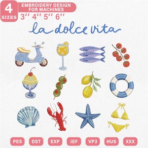K&ouml;nnte beinhalten: Stickmuster mit italienischen Motiven, darunter ein Roller, ein Cocktail, Fische, Tomaten, Eis, Oliven, Zitronen, eine Rettungsboje, eine Muschel, ein Hummer, ein Seestern und ein Bikini. Der Text "la dolce vita" ist ebenfalls enthalten.