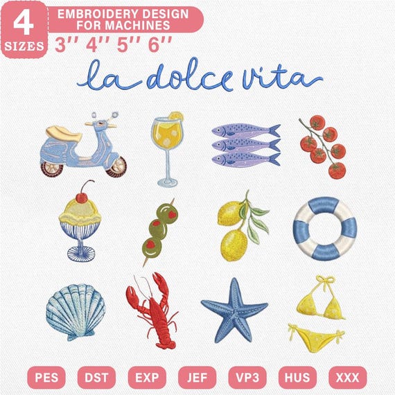 La Dolce Vita Embroidery Bundle| Italian Summer Embroidery File | Mediterranean Beach Vacation Pes Dst Jef Vp3 | Instant Download
