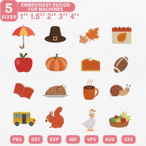 Mini Herbst Erntedank Stickdatei Set, Herbstlaub Kürbisse Türkei Motiv, digitale Datei, Instant Download, Pes, Dst, Exp
