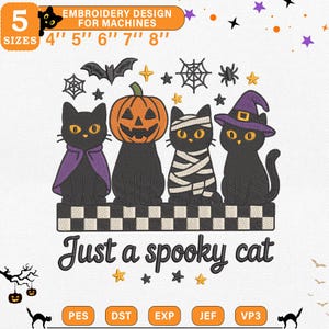 Halloween Cat Embroidery Design, Spooky Cats with Pumpkin and Witch Hat, Machine Embroidery File, Instant Download Dst Pes Exp Jef Vp3