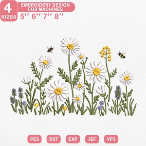 Może przedstawiać: Wzór haftu przedstawiający białe stokrotki z żółtymi środkami, zielonymi łodygami i liśćmi oraz dwoma pszczołami. Projekt zawiera tekst "EMBROIDERY DESIGN FOR MACHINES" oraz rozmiary 12,7 cm, 15,2 cm, 17,8 cm i 20,3 cm.
