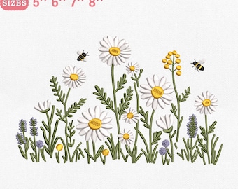 Diseño de bordado de margaritas silvestres, borde floral de lavanda con abejas, archivo para bordado a máquina, descarga instantánea, archivo PES DST