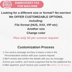 May include: A pink and white graphic with the text "EMBROIDERY FILE FOR MACHINE." The image details customizable options, including file format, size, and color changes. It also outlines the customization process, including how to send a message via Etsy.