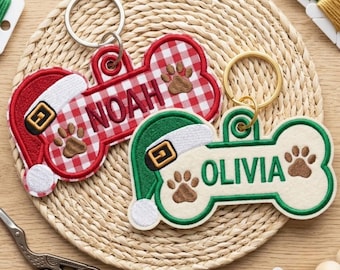 ITH Weihnachts-Hundeknochen-Applikation, Weihnachtsmannmütze-Anhänger für Haustierstrumpf (Stickdatei), Welpenpfotenabdruck-Banner (Sofort-Download)