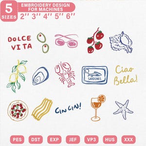La Dolce Vita Line Art Embroidery Bundle| Italian Summer Doodle Embroidery File | Mediterranean Beach Vacation Pes Dst Jef| Instant Download image 1