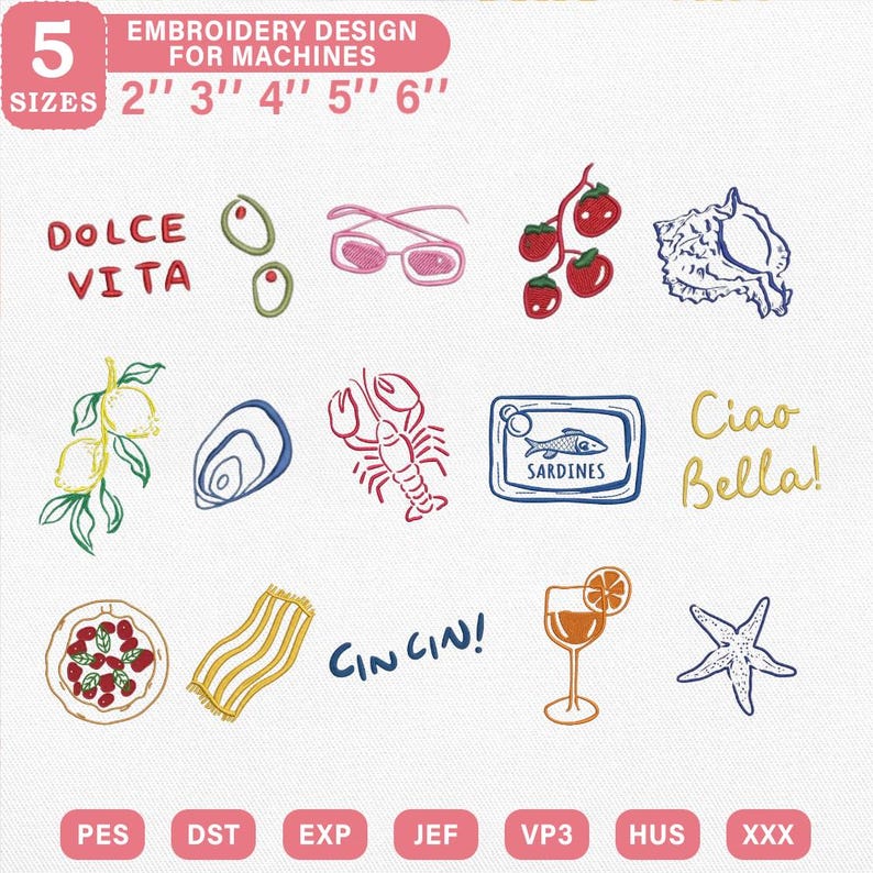 La Dolce Vita Line Art Embroidery Bundle| Italian Summer Doodle Embroidery File | Mediterranean Beach Vacation Pes Dst Jef| Instant Download image 1