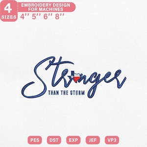 Stronger Than the Storm Embroidery Design, Texas Map, Flag with Small Heart in Bold Script, Machine File, Pes Dst Jef Exp Vp3