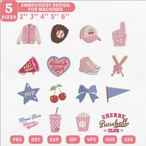 May include: A digital embroidery design set featuring sixteen icons including a varsity jacket, baseball glove, cherry cap, foam finger, megaphone, heart, sneakers, bats, star, cherries, bow, pennant, drink, popcorn, and text reading Cherry Baseball Club.