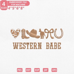 以下が含まれることがあります： ウエスタンをテーマにした刺繍ファイルのデザイン。ハート、カウボーイブーツ、帽子、馬、リボン、蹄鉄のモチーフ。テキスト「WESTERN BABE」が下にあります。サイズは10.16cm、12.7cm、15.24cm、20.32cmです。