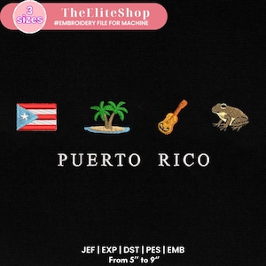 PUERTO RICO Embroidery Design For Machine, Puerto Rican Flag, Tropical Island, Cuatro Guitar, Coquí Frog, Travel Embroidery Instant Download