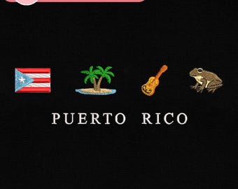 PUERTO RICO Embroidery Design For Machine, Puerto Rican Flag, Tropical Island, Cuatro Guitar, Coquí Frog, Travel Embroidery Instant Download