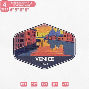May include: Embroidered patch depicting Venice, Italy, with buildings and water under a sunset sky. The hexagonal patch includes the text "VENICE ITALY". Available sizes are 10 cm, 13 cm, 15 cm, and 20 cm.