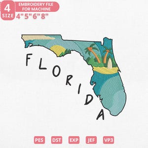Puede incluir: Archivo de bordado con el contorno de Florida, relleno con una escena de playa, palmeras y la palabra "FLORIDA". Disponible en tamaños de 10,16 cm, 12,7 cm, 15,24 cm y 20,32 cm.