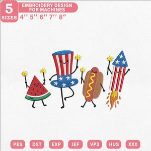 Puede incluir: Un diseño de bordado para máquinas con cuatro personajes de dibujos animados: una rodaja de sandía, un sombrero de copa, un perrito caliente y un cohete, todos con brazos y piernas. El texto dice 5 TAMAÑOS 4'' 5'' 6'' 7'' 8'' y lista los formatos PES, DST, EXP, JEF, VP3, HUS, XXX.