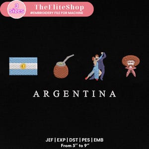 Op de afbeelding: Zwarte achtergrond met geborduurde afbeeldingen van de Argentijnse vlag, een kalebas met een rietje, een tangodansend stel en een gaucho. Het woord ARGENTINA is eronder geborduurd. De tekst "TheEliteShop" en "3 sizes" staan bovenaan.