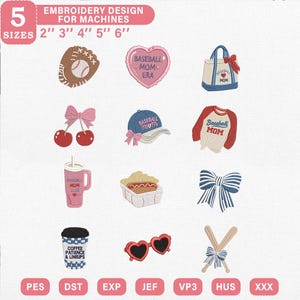 Pacchetto ricamo Coquette Baseball Mom / File digitale Baseball Mom Era / Toppa Game Day Bow Tumbler Bat Cherry PES JEF VP3