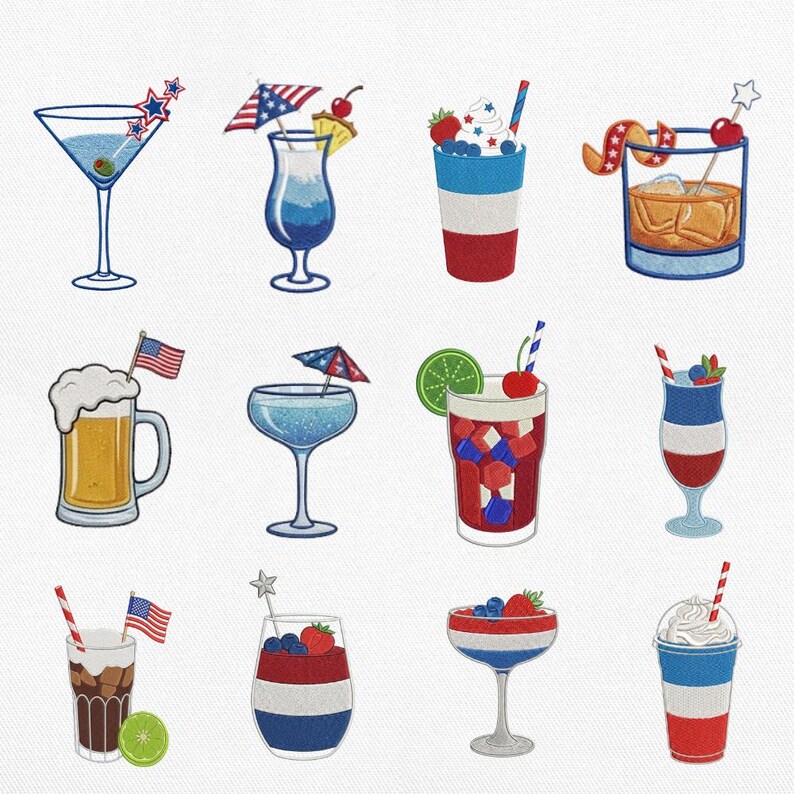 May include: A collection of twelve colorful cocktail illustrations, each featuring a unique design. The drinks are decorated with patriotic themes, including American flags, stars, and red, white, and blue color schemes. Various glassware styles are shown.