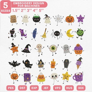 May include: A digital collection of Halloween-themed embroidery designs for machines, featuring 30 individual characters including ghosts, pumpkins, a black cat, a spider, a mummy, a skull, and a tombstone with the text RIP, available in 5 sizes.