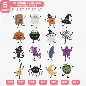 May include: A collection of 16 Halloween-themed embroidery designs for machines, including a trick-or-treat bag, ghosts, pumpkins, a cauldron, a spider web, a black cat, a witch hat, a feather, a star, a broom, a spider, a moon, and an apple.