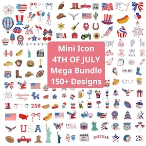 Puede incluir: Una colección de ilustraciones e iconos patrióticos, que incluyen banderas estadounidenses, águilas, perritos calientes y la Estatua de la Libertad. La imagen incluye el texto "Mini Icon 4th of July Mega Bundle 150+ Designs."