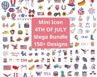 4th Of July Mega Embroidery Bundle, Patriotic USA 250 Anniversary Mini Icon, Digital File, Instant Download, Pes Dst Jef Vp3